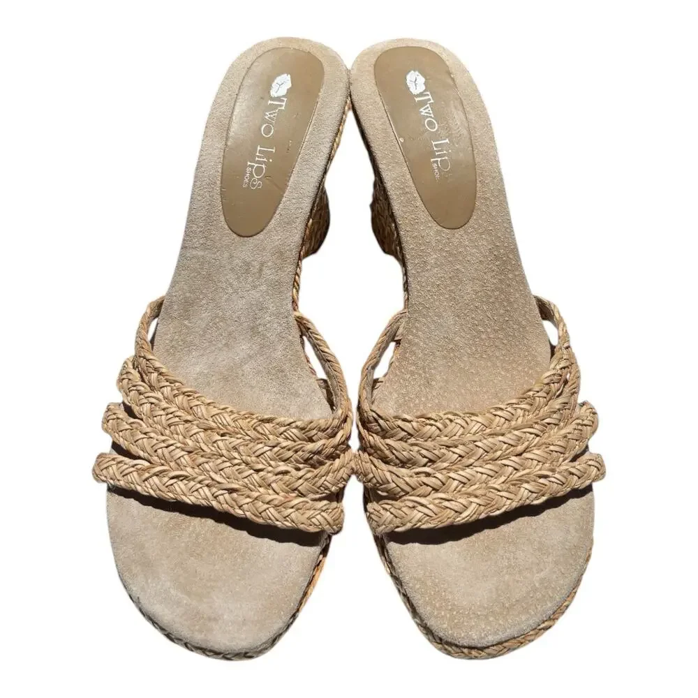 Two Lips Wedge Sandals Women’s Size 10 Natural Raffia Braided Slide Heels